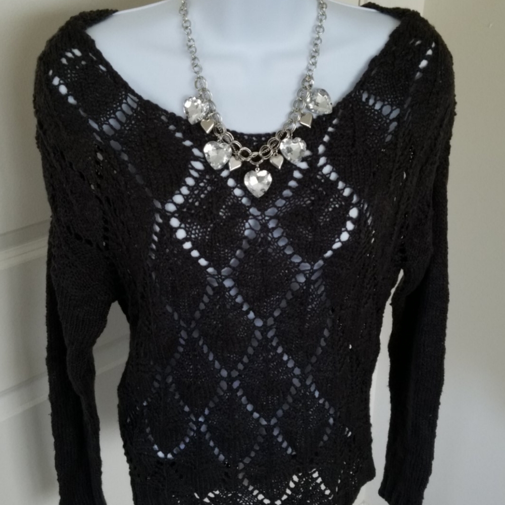 Rewind Black Charcoal Boho Chic Goth Open Knit Sweater Size Small NWT